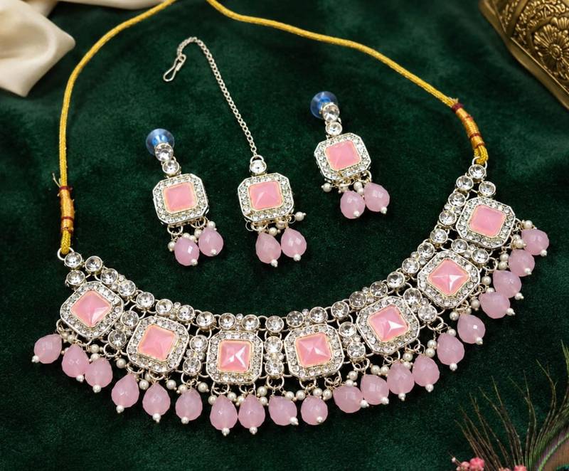 Baby Pink Color Necklace Set with Earrings & Maang Tikka | Agate Stone | Gold Plated