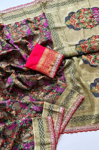 black color siquence embroidery cut work lace fitting with kasmiri thread weaving pasmeena silk blend saree