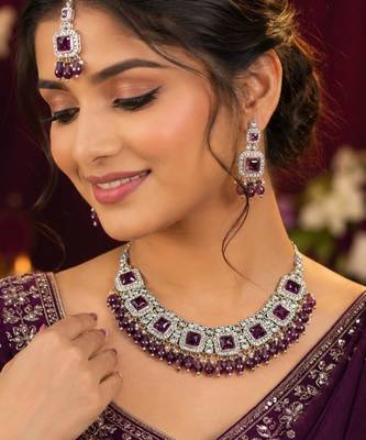 Purple Color Agate Stone Necklace Set with Earrings & Maang Tikka | Gold-Plated 1