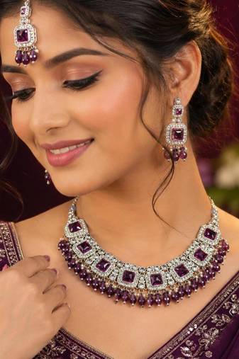 Purple Color Agate Stone Necklace Set with Earrings & Maang Tikka | Gold-Plated
