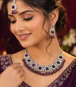 Purple Color Agate Stone Necklace Set with Earrings & Maang Tikka | Gold-Plated