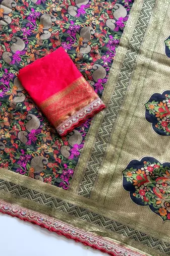 black color siquence embroidery cut work lace fitting with kasmiri thread weaving pasmeena silk blend saree