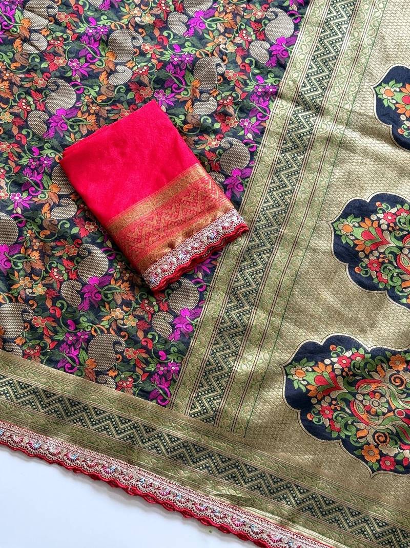 black color siquence embroidery cut work lace fitting with kasmiri thread weaving pasmeena silk blend saree