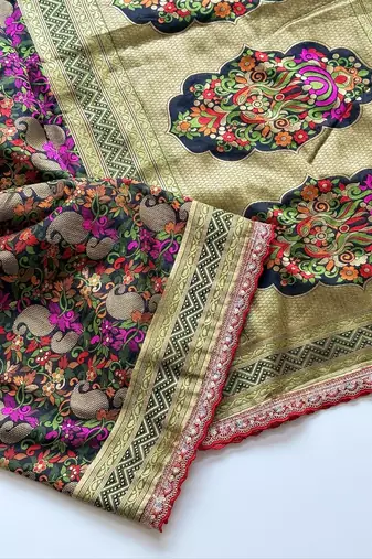 black color siquence embroidery cut work lace fitting with kasmiri thread weaving pasmeena silk blend saree