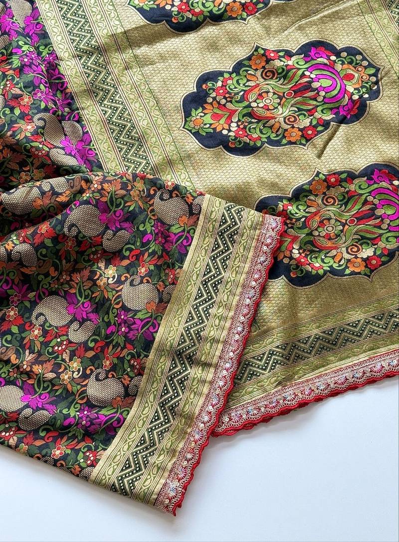 black color siquence embroidery cut work lace fitting with kasmiri thread weaving pasmeena silk blend saree