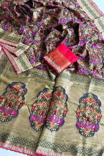 black color siquence embroidery cut work lace fitting with kasmiri thread weaving pasmeena silk blend saree