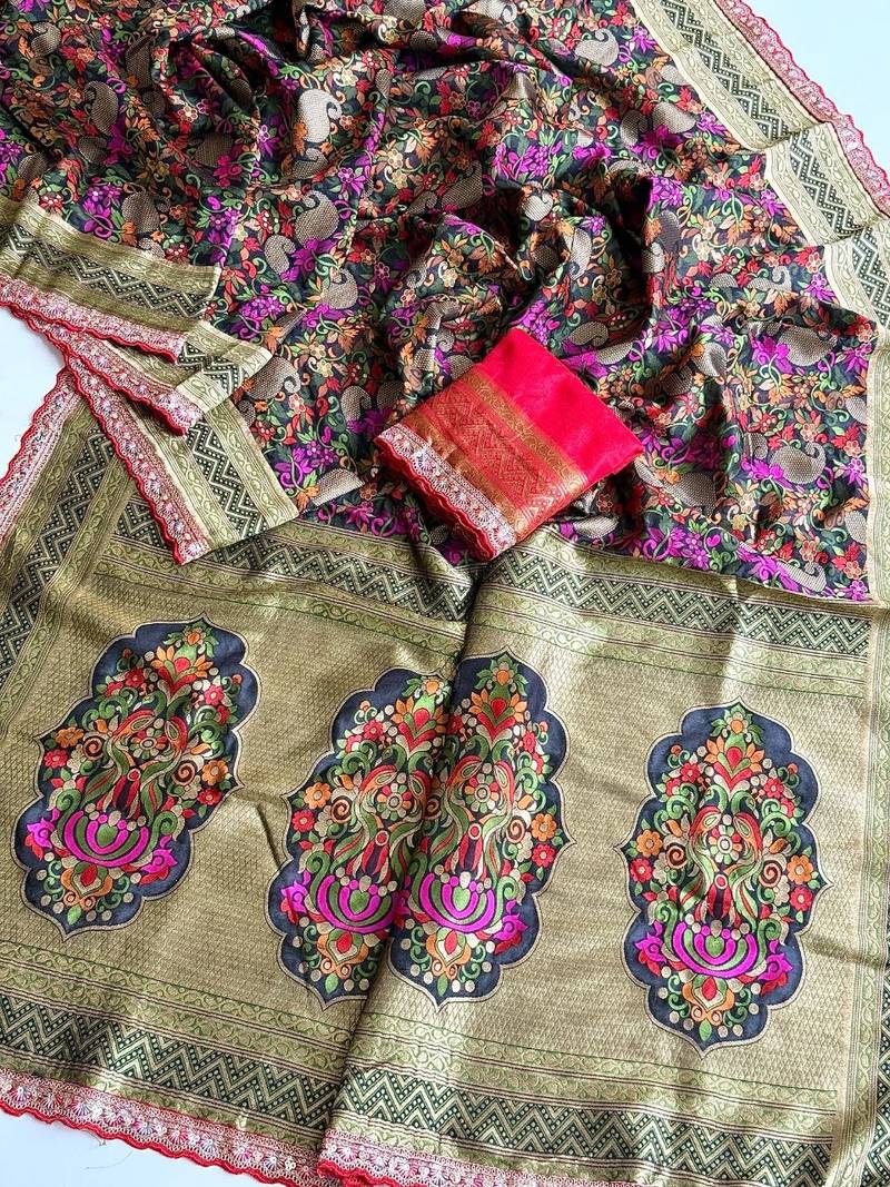 black color siquence embroidery cut work lace fitting with kasmiri thread weaving pasmeena silk blend saree