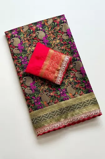 black color siquence embroidery cut work lace fitting with kasmiri thread weaving pasmeena silk blend saree