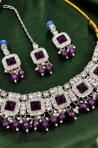 Purple Color Agate Stone Necklace Set with Earrings & Maang Tikka | Gold-Plated