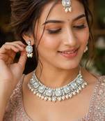 White Color Agate Stone Necklace Set with Earrings & Maang Tikka | Gold-Plated Jewelry Set