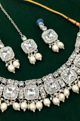 White Color Agate Stone Necklace Set with Earrings & Maang Tikka | Gold-Plated Jewelry Set