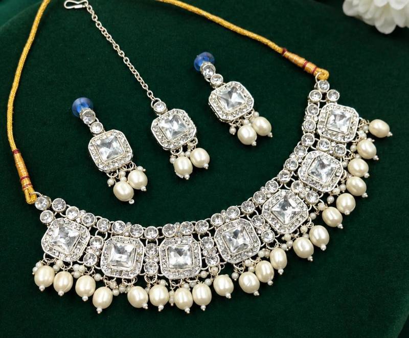 White Color Agate Stone Necklace Set with Earrings & Maang Tikka | Gold-Plated Jewelry Set