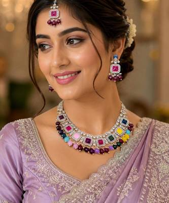 Multicolor Agate Stone Necklace Set with Earrings & Maang Tikka | Gold-Plated 1