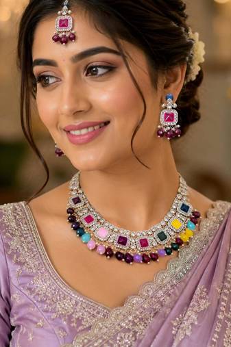 Multicolor Agate Stone Necklace Set with Earrings & Maang Tikka | Gold-Plated