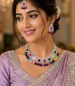 Multicolor Agate Stone Necklace Set with Earrings & Maang Tikka | Gold-Plated