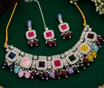 Multicolor Agate Stone Necklace Set with Earrings & Maang Tikka | Gold-Plated 2