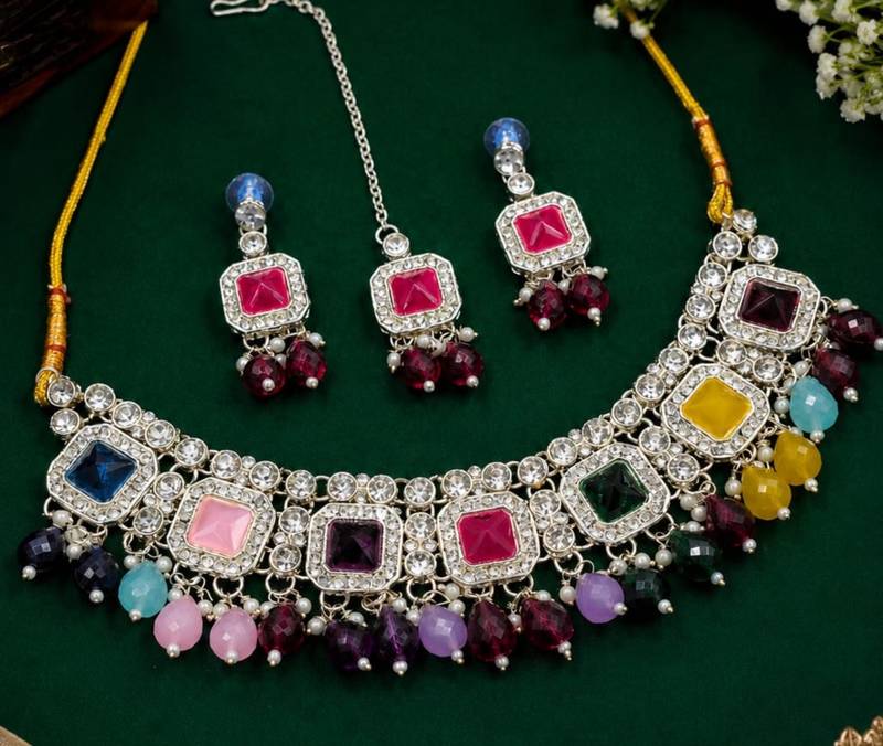 Multicolor Agate Stone Necklace Set with Earrings & Maang Tikka | Gold-Plated