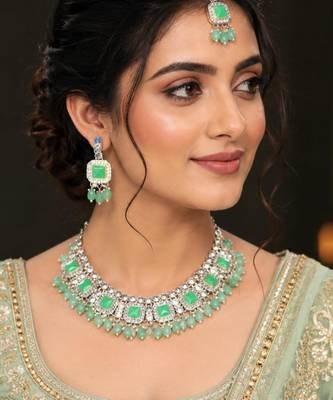 Pista Color Agate Stone Necklace Set with Earrings & Maang Tikka | Gold-Plated Jewelry Set 1
