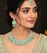 Pista Color Agate Stone Necklace Set with Earrings & Maang Tikka | Gold-Plated Jewelry Set