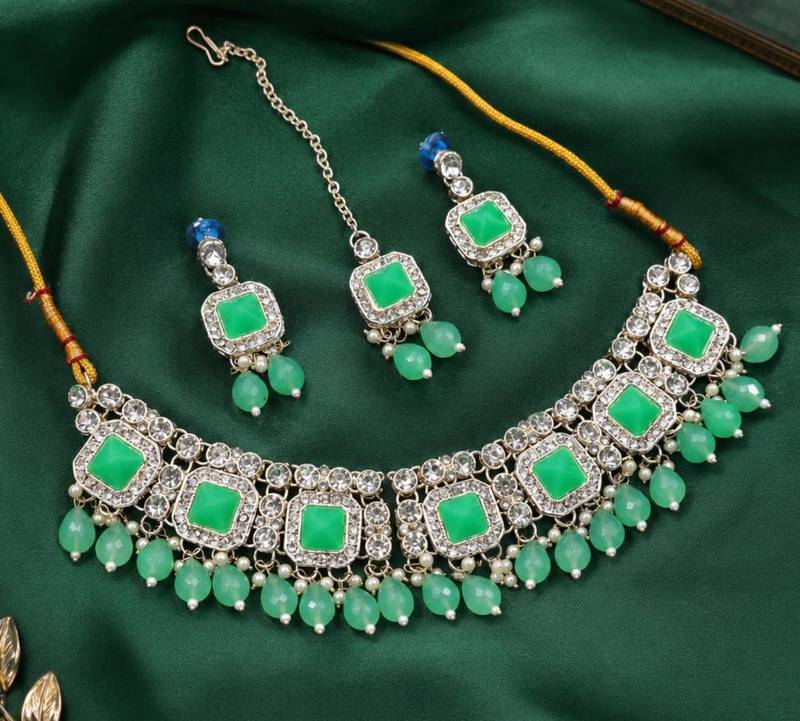Pista Color Agate Stone Necklace Set with Earrings & Maang Tikka | Gold-Plated Jewelry Set