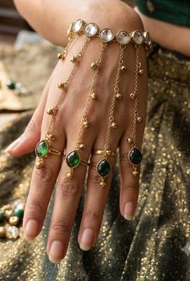 Green stone & agate stone haath phool (hath panja), antique gold plated 1