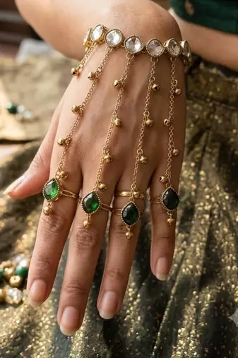 Green stone & agate stone haath phool (hath panja), antique gold plated