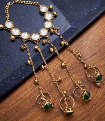 Green stone & agate stone haath phool (hath panja), antique gold plated 2