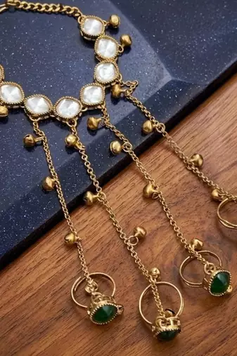 Green stone & agate stone haath phool (hath panja), antique gold plated