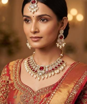 Maroon Color Gold-Plated Agate Stone Necklace Set with Matching Earrings & Maang Tikka 1
