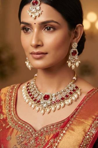 Maroon Color Gold-Plated Agate Stone Necklace Set with Matching Earrings & Maang Tikka