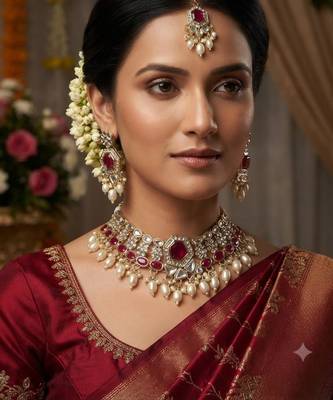 Rani Color Agate Stone Necklace Set with Earrings & Maang Tikka | Gold-Plated Jewelry Set 1