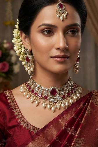Rani Color Agate Stone Necklace Set with Earrings & Maang Tikka | Gold-Plated Jewelry Set