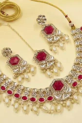 Rani Color Agate Stone Necklace Set with Earrings & Maang Tikka | Gold-Plated Jewelry Set