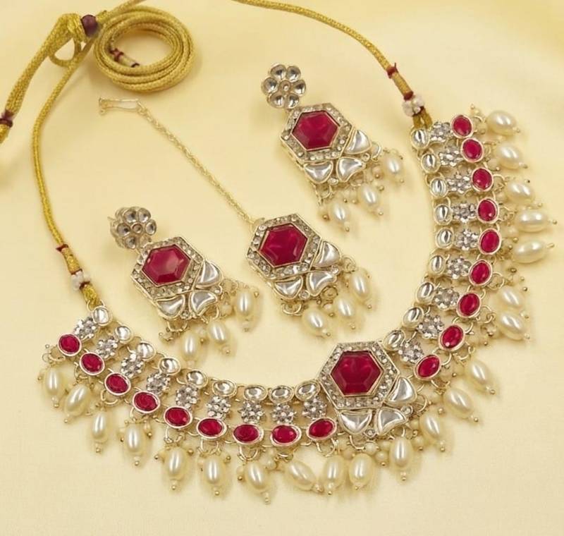 Rani Color Agate Stone Necklace Set with Earrings & Maang Tikka | Gold-Plated Jewelry Set