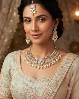 Pink color necklace set with earrings and maang tikka     agate stone, lekar gold plating 1