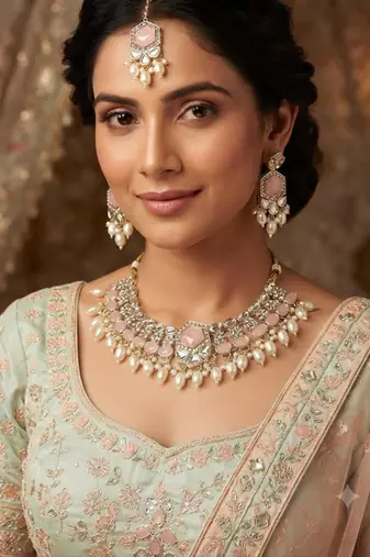 Pink color necklace set with earrings and maang tikka     agate stone, lekar gold plating