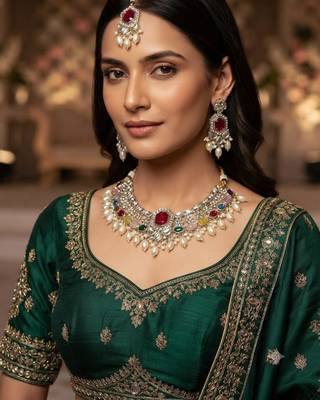 Multicolor necklace set with earrings and maang tikka     agate stone, lekar gold plating 1