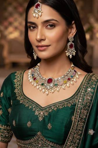 Multicolor necklace set with earrings and maang tikka     agate stone, lekar gold plating