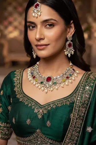 Multicolor necklace set with earrings and maang tikka     agate stone, lekar gold plating