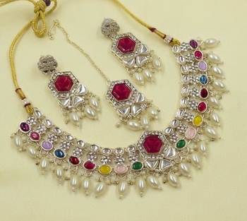 Multicolor necklace set with earrings and maang tikka     agate stone, lekar gold plating 2