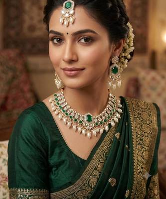Green color necklace set with earrings and maang tikka     agate stone, lekar gold plating 1