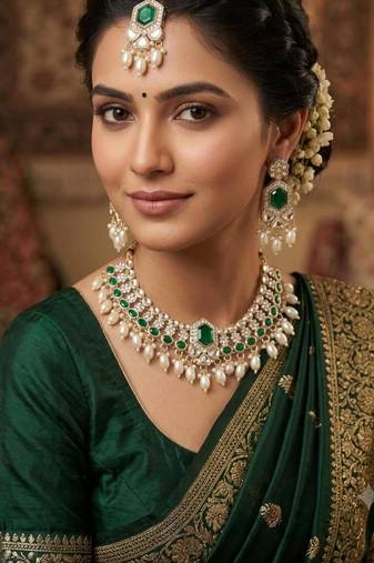 Green color necklace set with earrings and maang tikka     agate stone, lekar gold plating