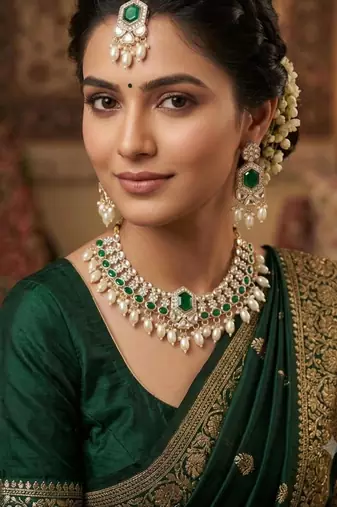 Green color necklace set with earrings and maang tikka     agate stone, lekar gold plating