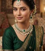 Green color necklace set with earrings and maang tikka     agate stone, lekar gold plating