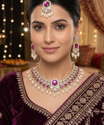 Purple Color Necklace Set with Earrings & Maang Tikka | Agate Stone | Gold-Plated 1