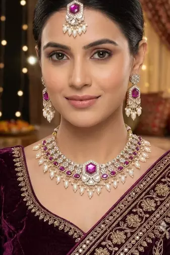 Purple Color Necklace Set with Earrings & Maang Tikka | Agate Stone | Gold-Plated