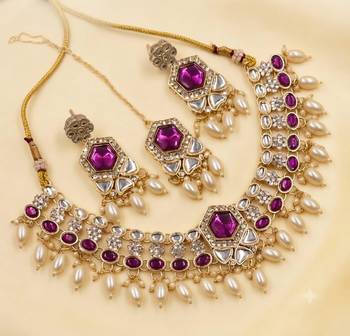 Purple Color Necklace Set with Earrings & Maang Tikka | Agate Stone | Gold-Plated 2