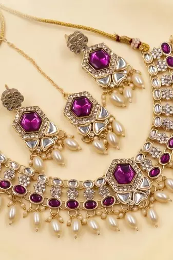 Purple Color Necklace Set with Earrings & Maang Tikka | Agate Stone | Gold-Plated