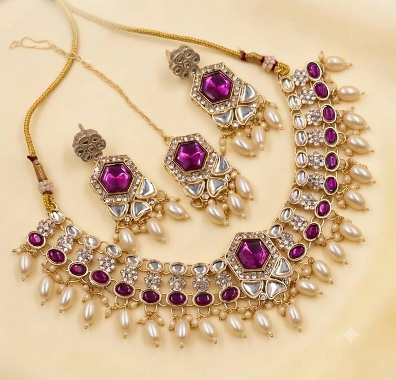 Purple Color Necklace Set with Earrings & Maang Tikka | Agate Stone | Gold-Plated