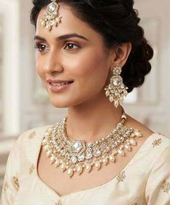 White Agate Stone Necklace Set with Earrings & Maang Tikka | Gold-Plated 1